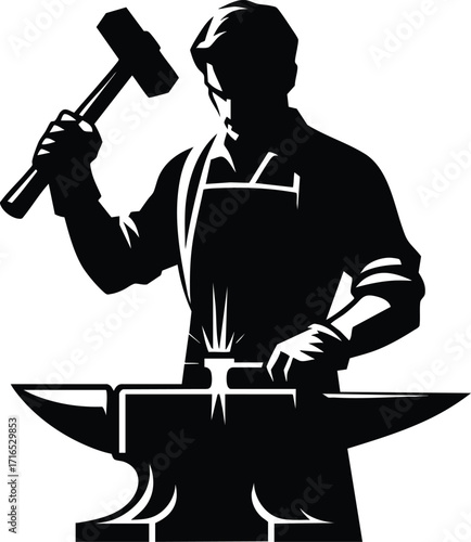 Blacksmith hammering a metal part on an anvil vector Illustration isolated on a white background