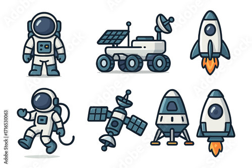 Space exploration icon set. Vector cartoon illustration of astronaut, rocket launch, mars rover, satellite, and spacecraft. Science and technology symbols for cosmic mission.