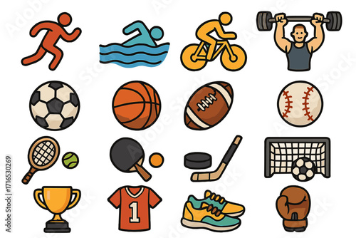 Sports and fitness icons set. Vector collection illustrating activities and gear for competition and team sports like soccer, football, basketball, running, swimming, tennis.