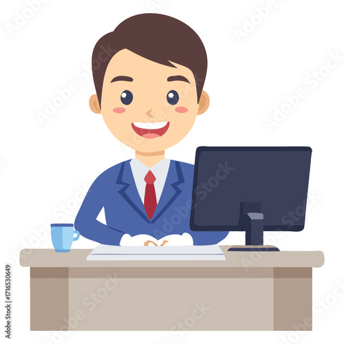 Smiling asian businessman in a blue suit and red tie working at a computer on a desk with a coffee cup representing office work and technology