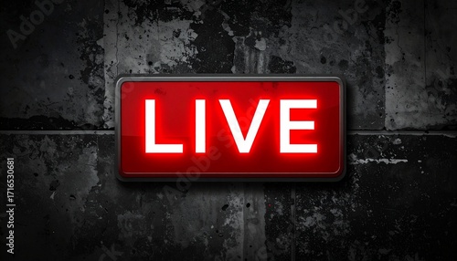Illuminated LIVE Sign Against a Dark, Textured Wall Broadcast and Streaming Concept