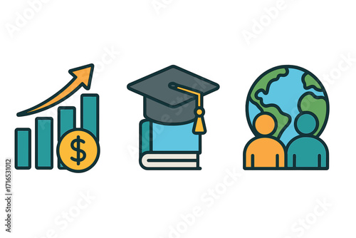 Set of icons for business growth, education, and global cooperation. Vector line art symbols of finance, learning, and international community. Modern flat design elements.