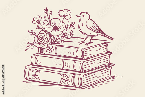 Bird books flowers sketch vintage hand drawn illustration vector