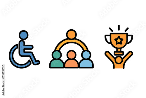 Icons for accessibility, teamwork, achievement. Concepts of disability inclusion, collaboration, community support, partnership, success, winning. Vector set for business goals.