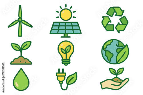 Renewable energy and sustainability icon set. Green eco friendly symbols with solar panel, wind turbine, recycling, and plant growth. Vector cartoon for environment conservation.
