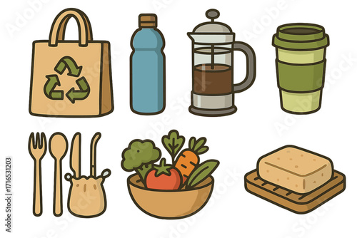 Set of zero waste tools for a sustainable lifestyle. Eco-friendly and reusable products concept. Reduce plastic vector icons. Grocery bag, coffee cup, water bottle, cutlery.