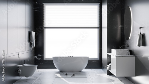Modern Luxury Bathroom Interior with Marble Tiles and Freestanding Bathtub