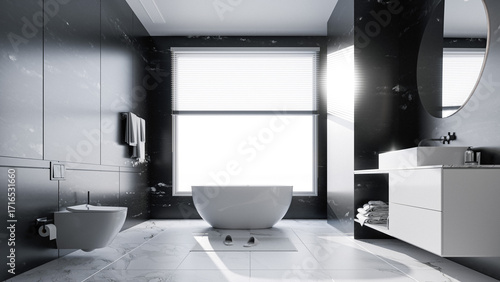 Modern Luxury Bathroom Interior with Marble Tiles and Freestanding Bathtub
