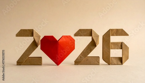 Origami crafted numbers forming the year 2026, featuring a vibrant red heart in place of the zero, set against a simple, clean, and warm background, symbolizing love and new beginnings for the future