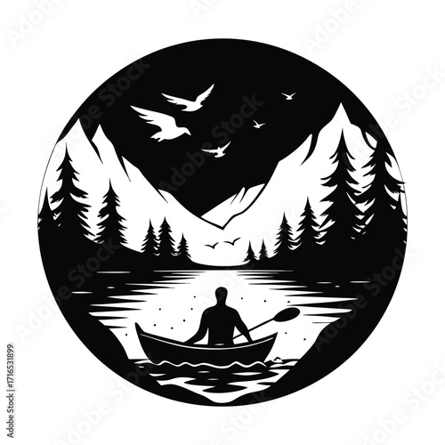 Silhouette of a lone kayaker paddling on a serene lake surrounded by majestic snow capped mountains and pine trees under a starry night sky with birds flying above