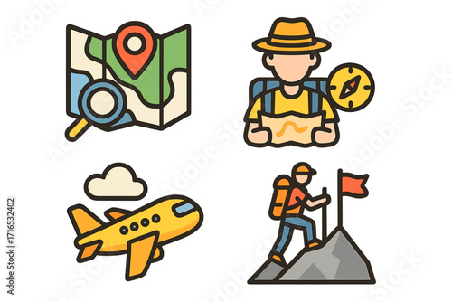 Travel and tourism icon set. Vector illustrations of popular vacation activities like trip planning with a map, a tourist exploring, airplane flight, and mountain hiking adventure.