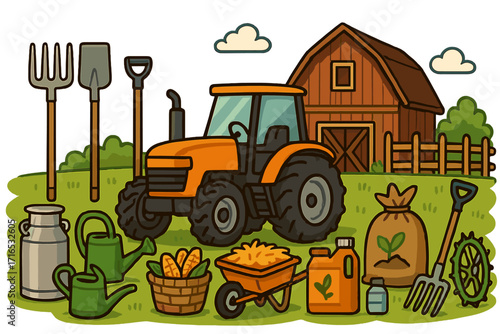 Farming and agriculture vector cartoon set. Tractor, barn, farm tools, and equipment. Shovel, pitchfork, wheelbarrow, watering can, corn harvest. Rural industry essentials.