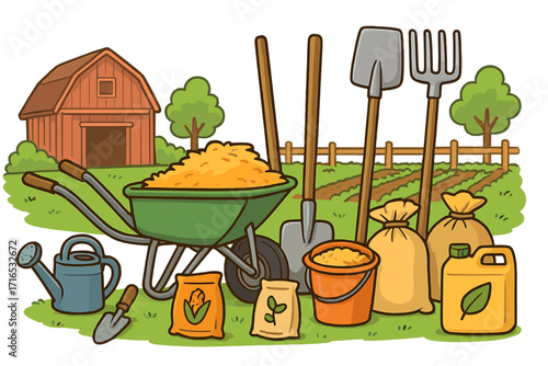 Farm tools and agriculture supplies vector cartoon. Gardening equipment for cultivation and harvest. Wheelbarrow, shovel, pitchfork, fertilizer, seeds, and barn background.