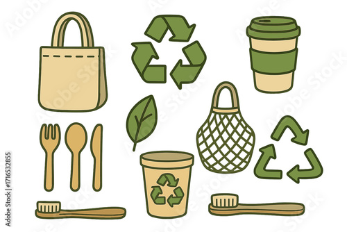 Eco friendly vector icon set for sustainable living. Zero waste lifestyle concept with reusable shopping bag, coffee cup, bamboo cutlery and toothbrush. Recycling symbol.