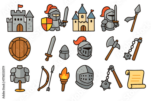 Medieval icons set with knight, castle, weapons, and armor. Cartoon vector illustration for fantasy games or history. Includes sword, shield, axe, helmet, and torch.