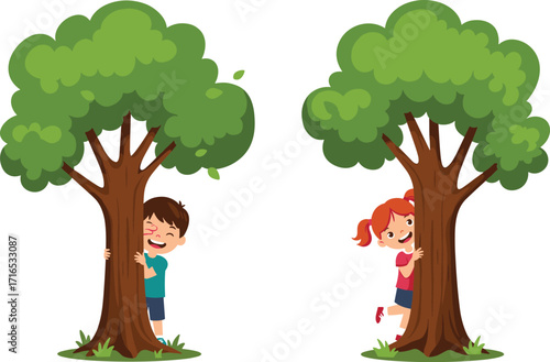 Smiling children playing hide and seek behind big green trees, fun outdoor activity, kids enjoying summer nature playtime adventure together.