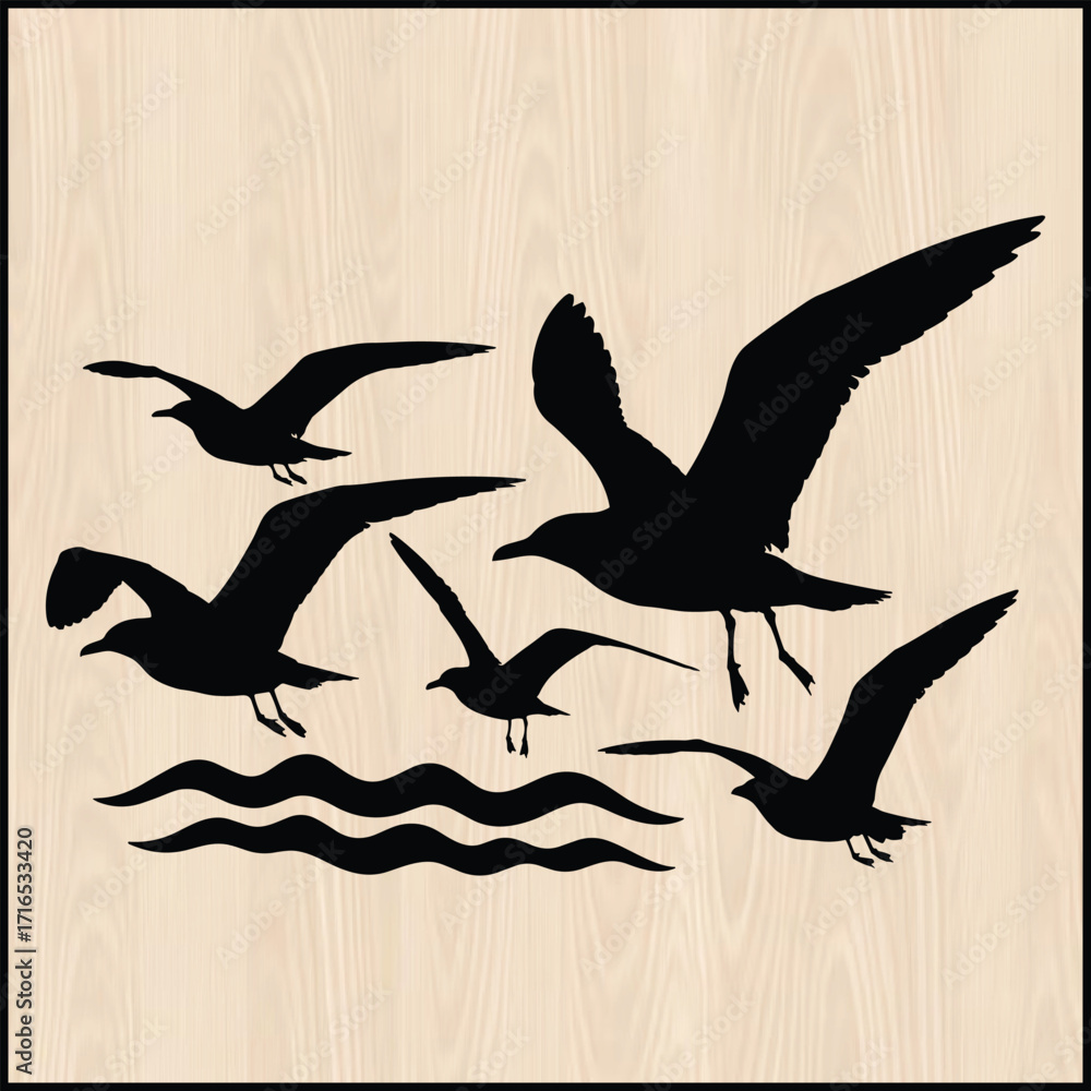 Obraz premium Black vector silhouette of seagulls flying over ocean waves