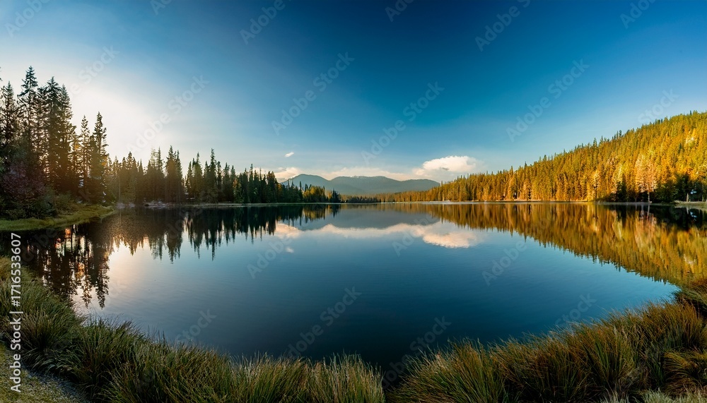 Obraz premium Peaceful Morning Reflection Serene Lake Photography Nature Wide Angle Tranquility