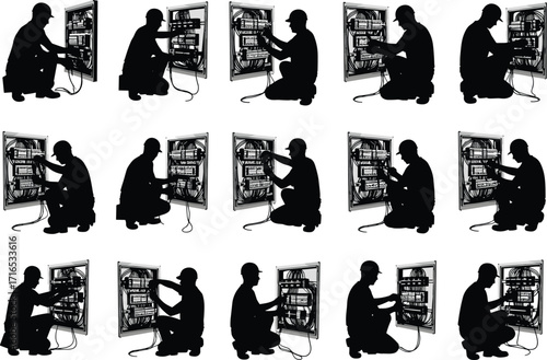 Electrician, Silhouette, Panel, Wiring, Maintenance, Repair, Technician, Tool, Safety, Hardhat, Grid, Blackwhite, Equipment, Posture, Task, Manual, Labor, Industrial, Inspection, Crouching