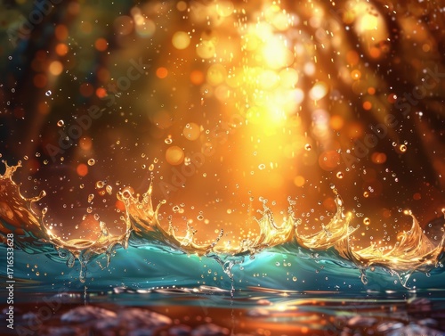 Golden sunlight shining on turquoise ocean waves, abstract water splash background, surreal seascape in fantasy style, generative AI