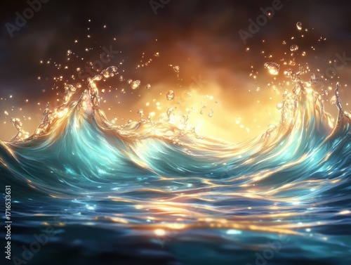 Golden sunlight shining on turquoise ocean waves, abstract water splash background, surreal seascape in fantasy style, generative AI