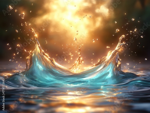 Golden sunlight shining on turquoise ocean waves, abstract water splash background, surreal seascape in fantasy style, generative AI