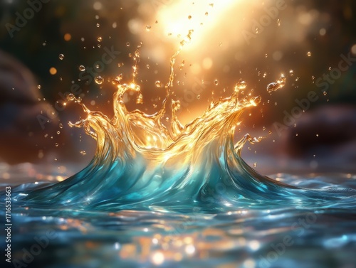 Golden sunlight shining on turquoise ocean waves, abstract water splash background, surreal seascape in fantasy style, generative AI