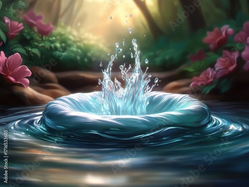 Shimmering pink and blue ocean wave glowing with surreal light, magical water surface in motion, fantasy seascape close-up, generative AI illustration