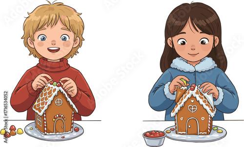 Smiling kids decorating gingerbread houses with candy and icing, fun Christmas holiday baking activity, children creating festive winter treats together.