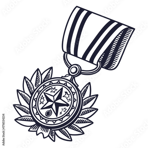 Detailed Illustration of a Star Medal with Ribbon, Representing Achievement