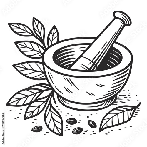Mortar and Pestle Illustration with Leaves and Seeds Herbal Remedy Symbol