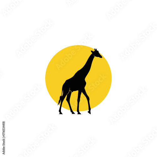 Silhouette of a giraffe walking in a yellow circle.
