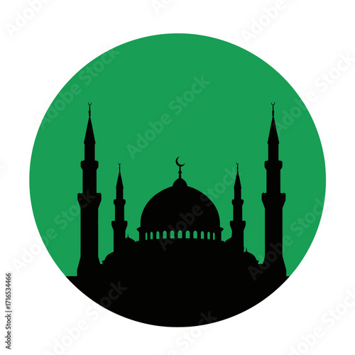 Silhouette of a mosque with a central dome and two minarets against a vibrant green circular background, symbolizing Islamic architecture.