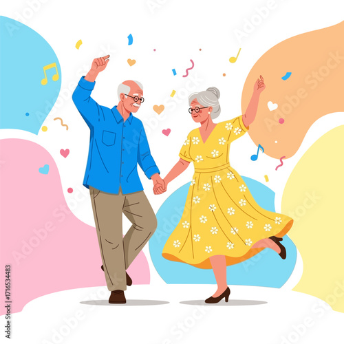 Flat 2D design of elderly couple dancing joyfully, celebration of life and aging gracefully