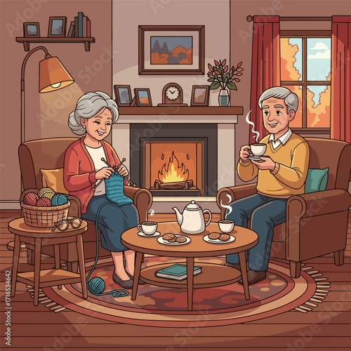 illustration of smiling grandmother knitting while grandfather drinks tea, peaceful retirement life, warm family home setting