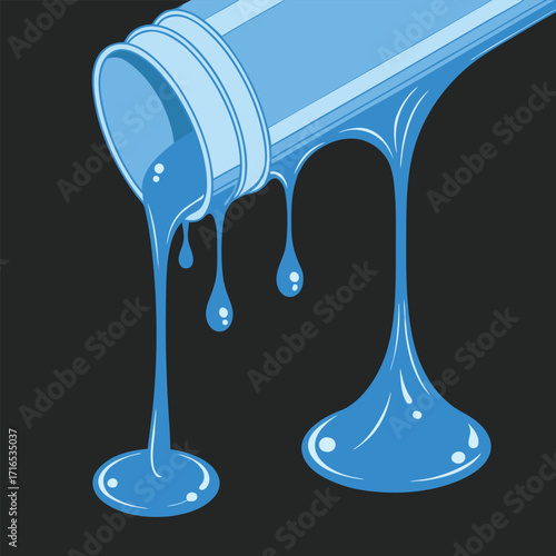 MobilBlue liquid slime dripping from container illustration. Glossy sticky fluid artwork symbolizing spill, mess, creativity, fun, toy, abstract texture, and entertainment design element.