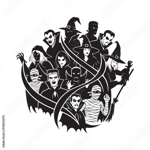 Halloween monsters group black and white illustration