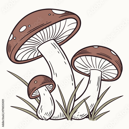 Illustration of Three Mushrooms with Brown Caps and White Stems in Grassy Area