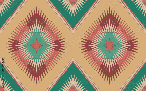Geometric Diamond Pattern with Starburst Motifs in Red, Teal, and Beige with Stitched Edges