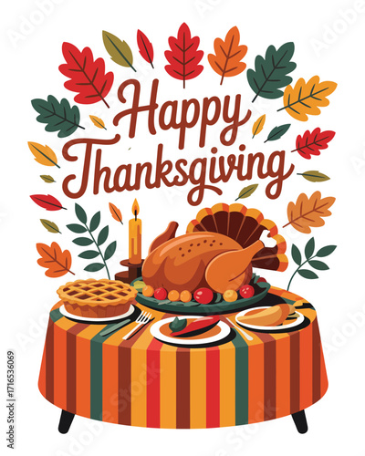 Thanksgiving Festive Illustration Roasted Turkey Feast with Colorful Autumn Leaves and Table