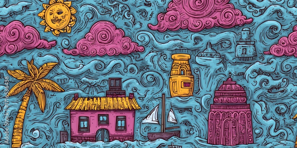 Fototapeta premium A whimsical, vibrant illustration showcases a fantastical seascape filled with colorful buildings, palm trees, clouds, and ships, all rendered in a detailed, hand-drawn style.