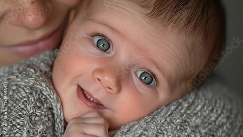 Adorable Baby with Blue Eyes Snuggled in Mother’s Arms