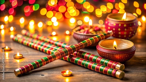 Garba dandiya sticks with diyas and bokeh lights, celebrating navratri festival with traditional indian culture and festive ambiance