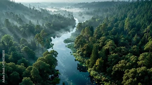 Aerial View of Misty Green Forest with River at Sunrise