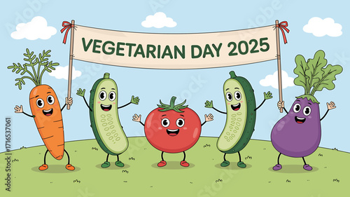 Celebrate Vegetarian Day 2025 with happy cartoon vegetables in a fun, joyful scene
