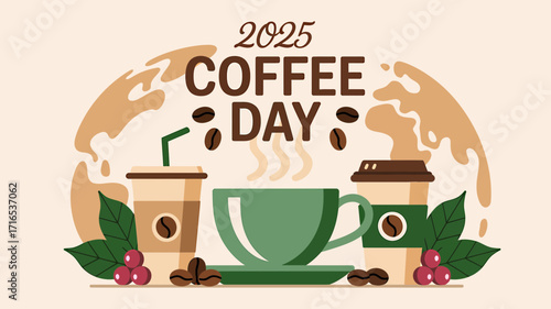 Celebrate 2025 Coffee Day with this vibrant design featuring cups and coffee beans