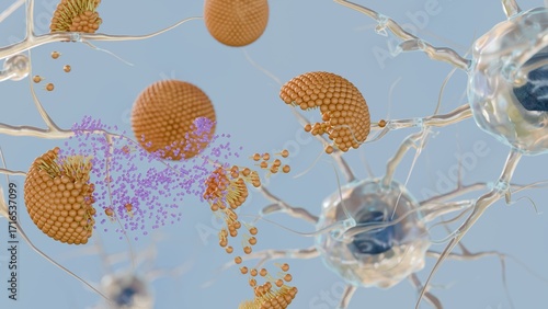 A 3d rendering of the moment a nanocarrier or liposome delivers its therapeutic payload  to a specific target or nervous system at a microscopic level.