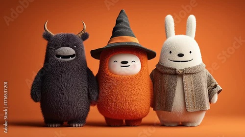 Cute 3D Halloween Characters in Festive Costumes on Orange Background