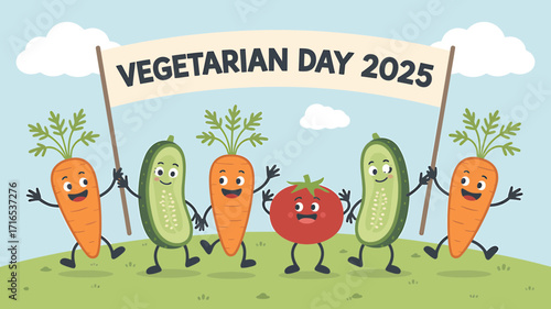 Celebrate Vegetarian Day 2025 with Happy Carrots, Cucumbers, and Tomatoes Together