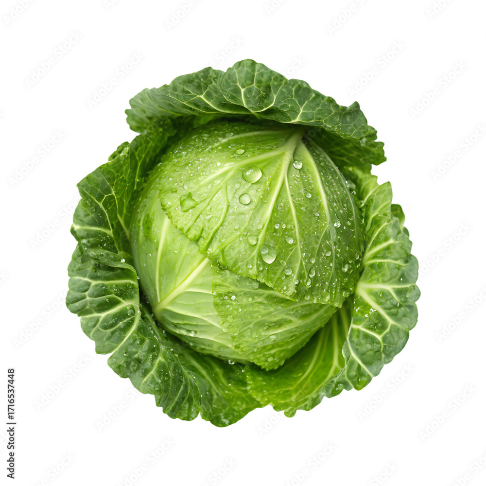 Obraz premium Close up of a fresh, green cabbage with water droplets.